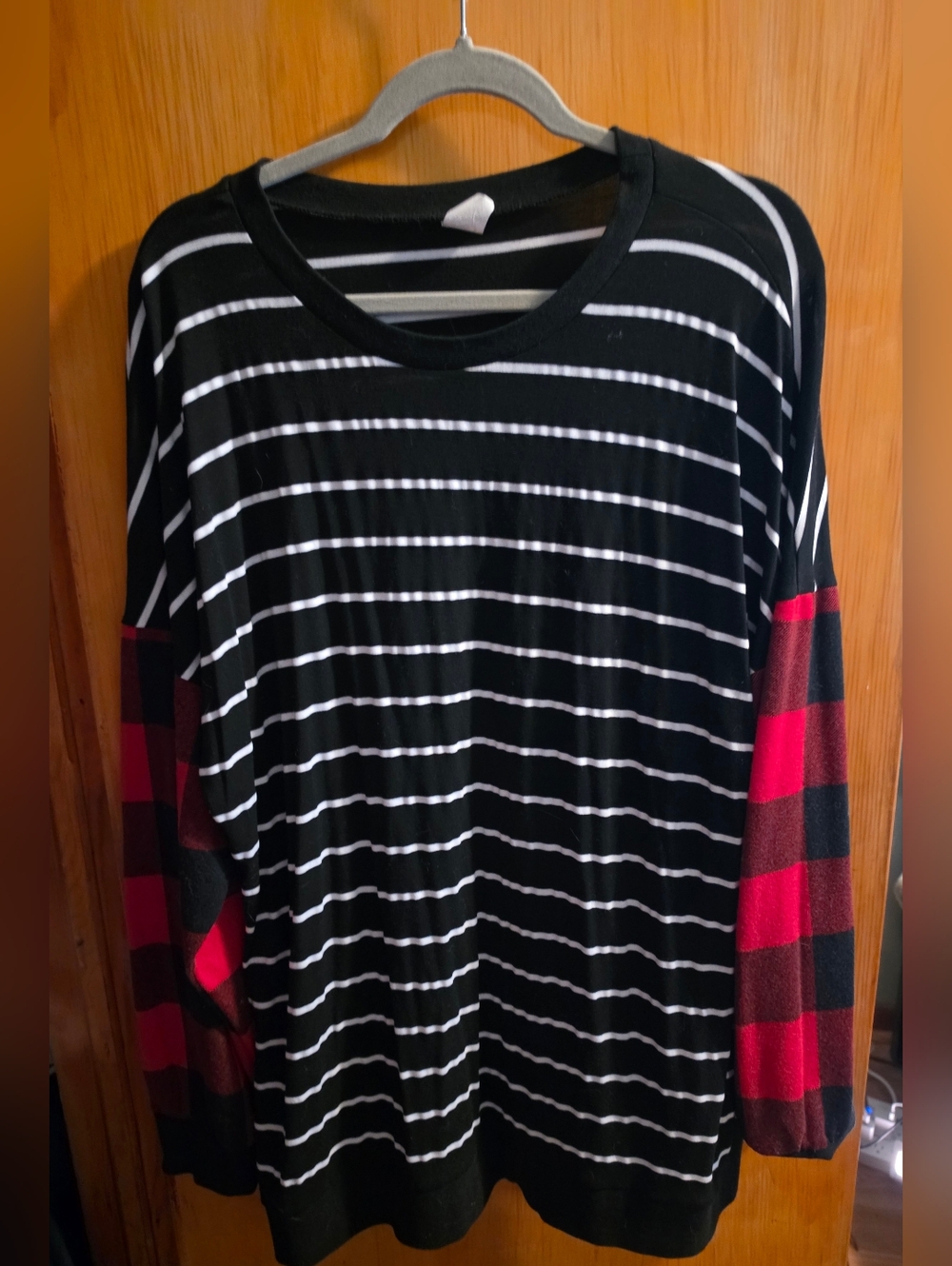 Black & White Striped Tunic with Red Plaid Sleeves